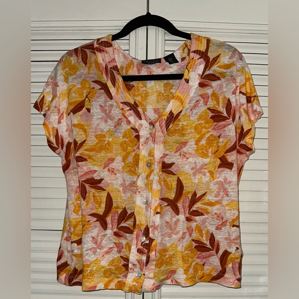 Tahari 100% Linen Floral Tropical Mother Of Pearl Button‎ Shirt Size M